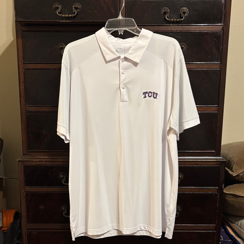 Antigua White Polo Shirt with Purple TCU Embroidery